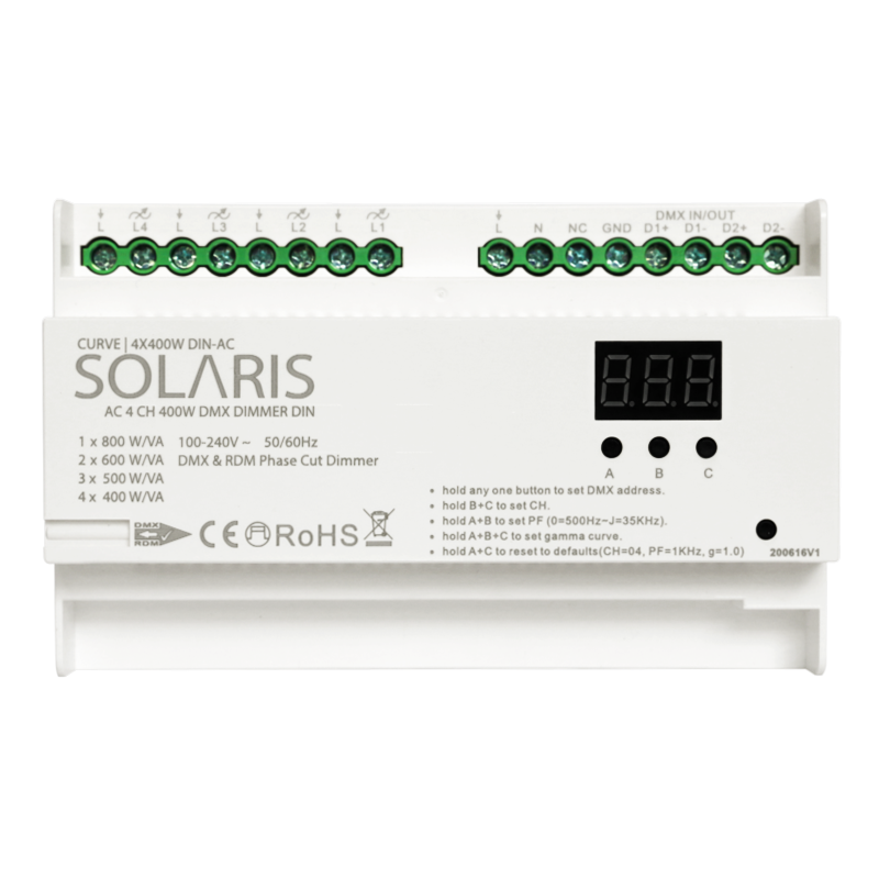 דימר SOLARIS CURVE 4X400W מבוסס טרייאק לפס דין נשלט DMX עובד בתאימות עם נורות GLOW ו GRIT אין אחריות