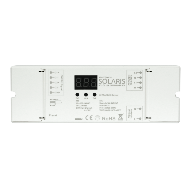 דימר 2 ערוצים SOLARIS ADAPT 2X1.2A מבוסס טרייאק נשלט DMX עובד בתאימות עם נורות GLOW ו GRIT אין אחריו