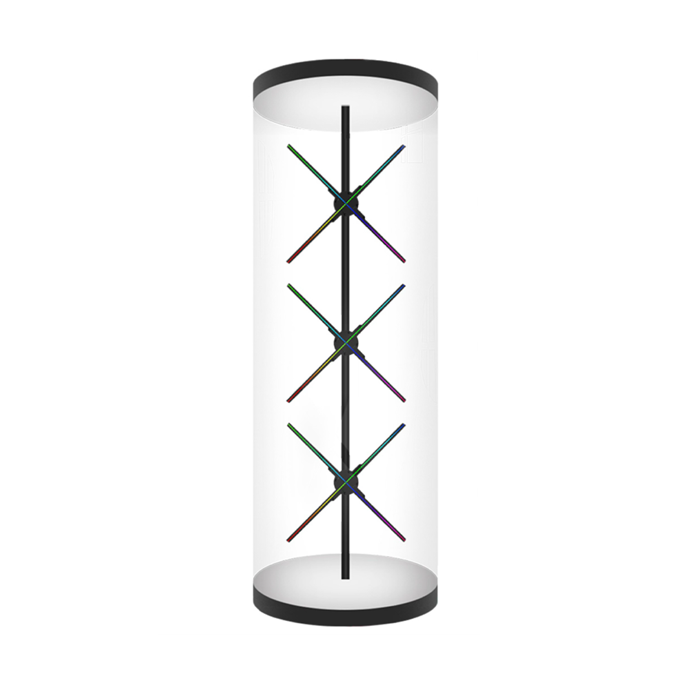 אפקט הולוגרמה 3D hologram fan עם 3 מאווררים קוטר 65cm עם חיפוי גליל פרספקס על סטנד כולל קייס