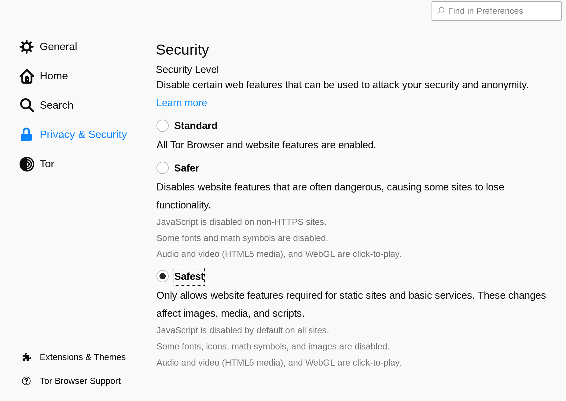 Tor Security Settings