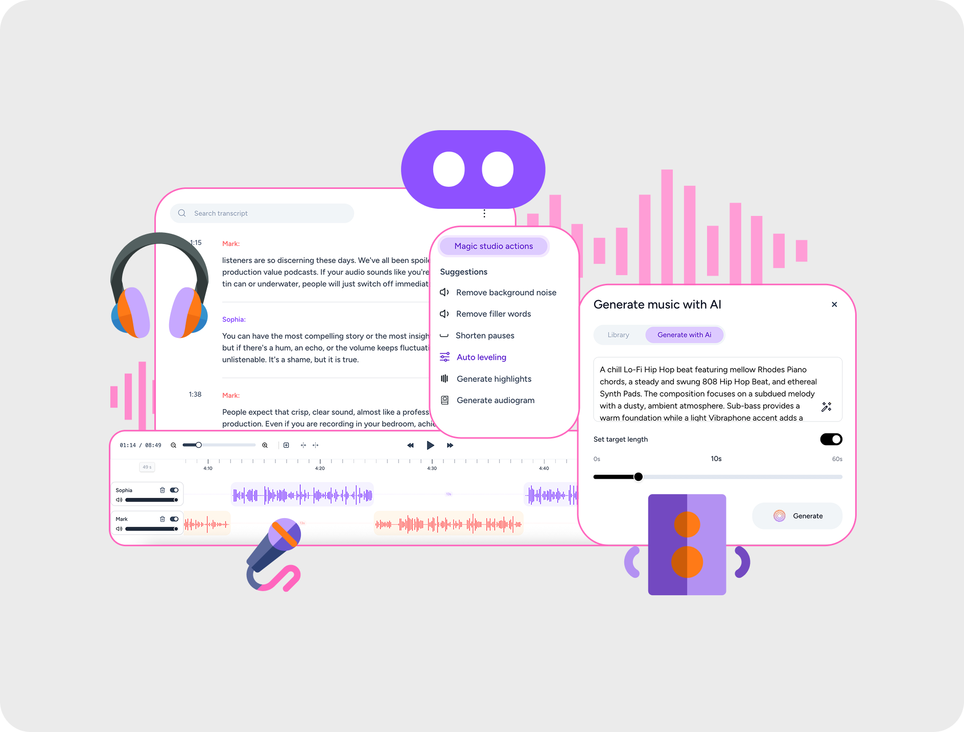 Edit transcripts, apply magic studio actions, and generate music with AI