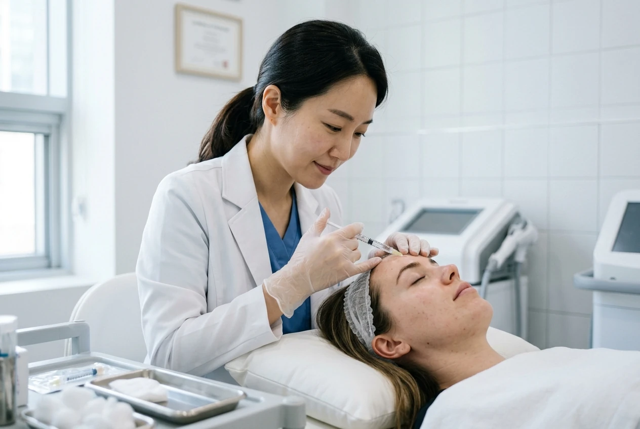 Doctor performing a fine facial injection on a patient lying on a treatment bed