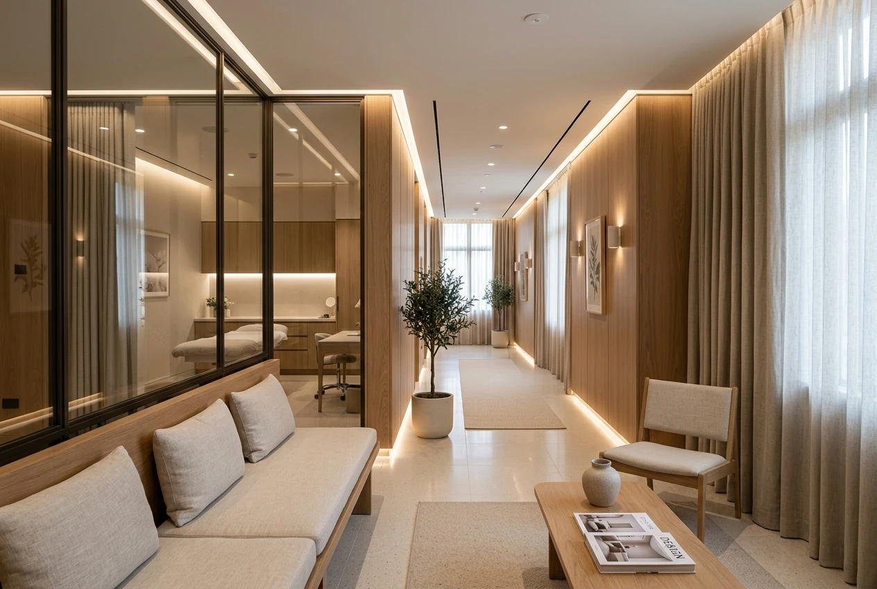 Clinic corridor with oak panelling, indirect lighting and a glass partition to the treatment rooms