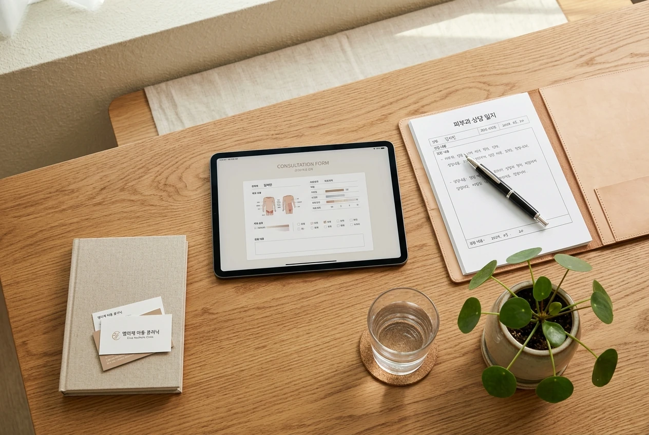 Overhead view of a consultation desk with a tablet, chart, pen and a small plant