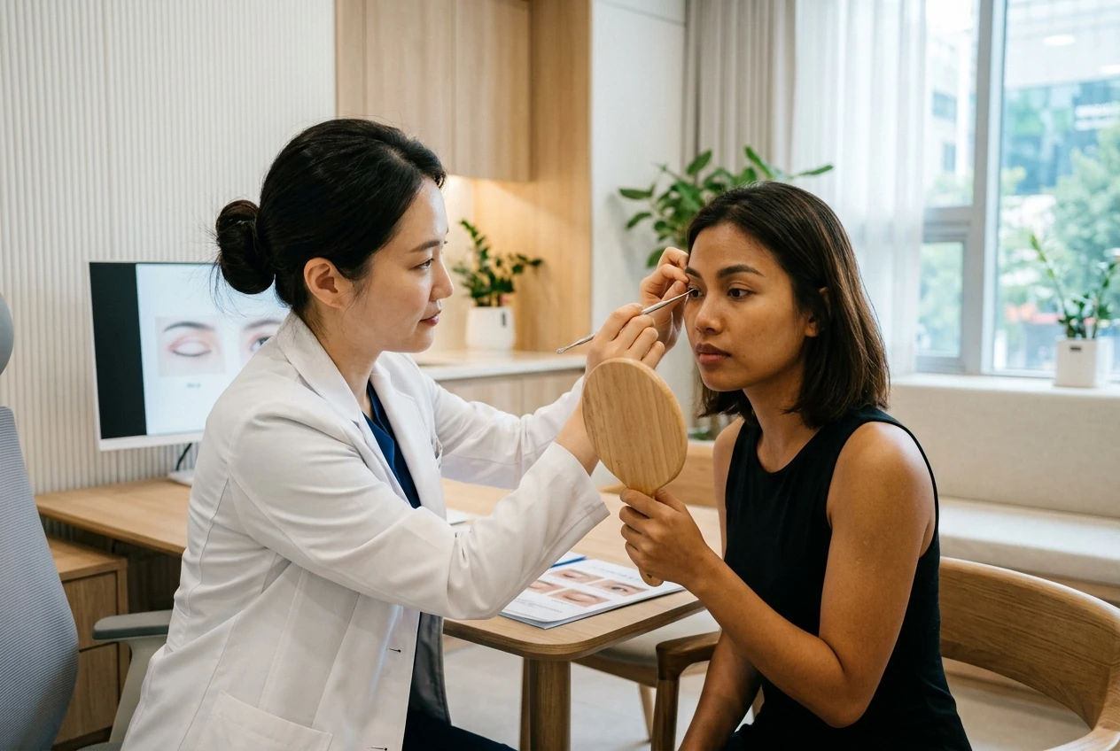 Surgeon checking an eyelid crease height with a probe while the patient watches in a mirror