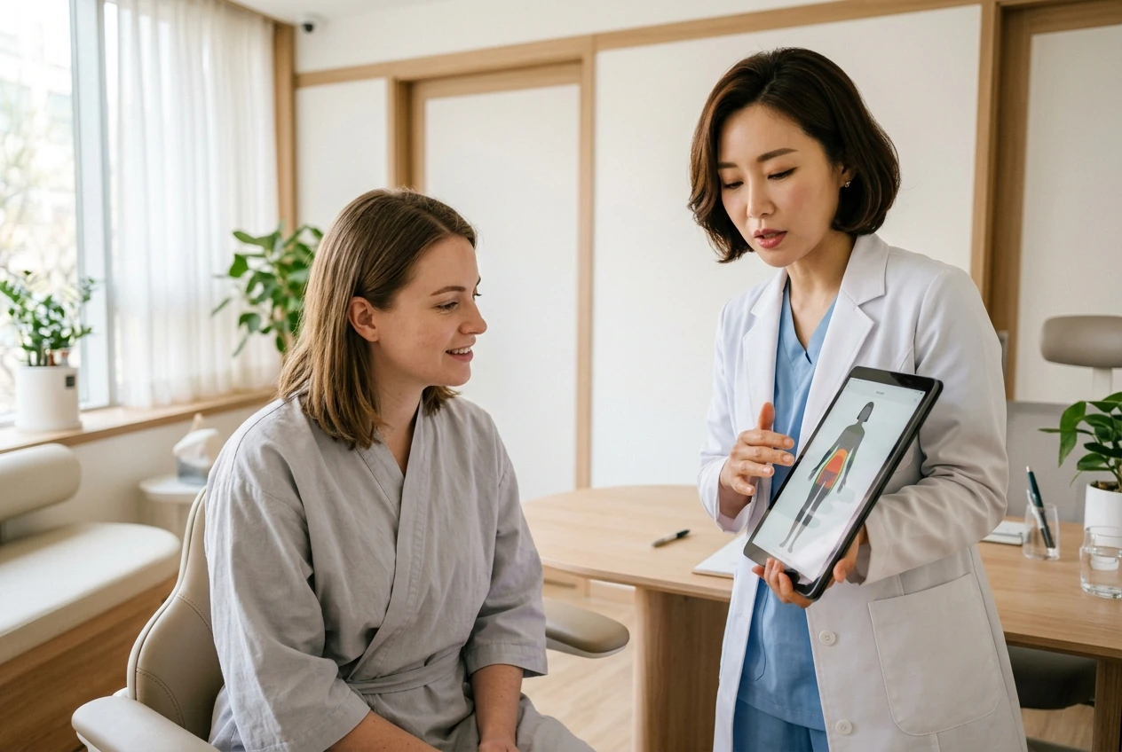 Doctor reviewing a body analysis on a tablet with a patient during a body contouring consultation