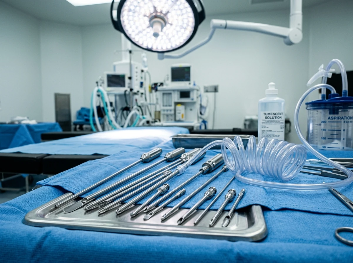 Liposuction cannulas and suction tubing arranged on a stainless tray under operating lights