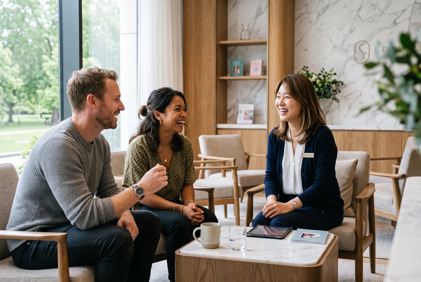 Coordinator talking with international patients at a Korean clinic