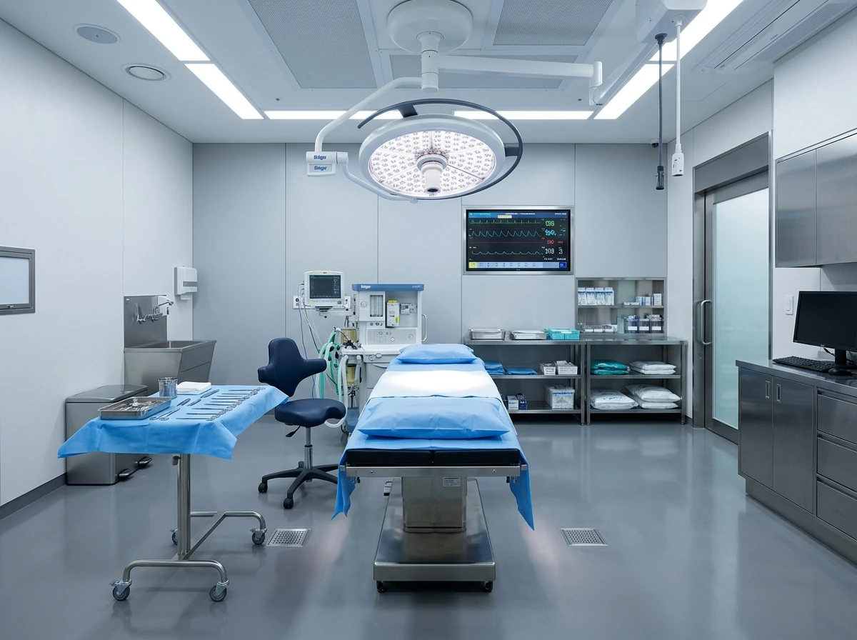 Operating suite with a surgical table, overhead lights and prepared instrument trays
