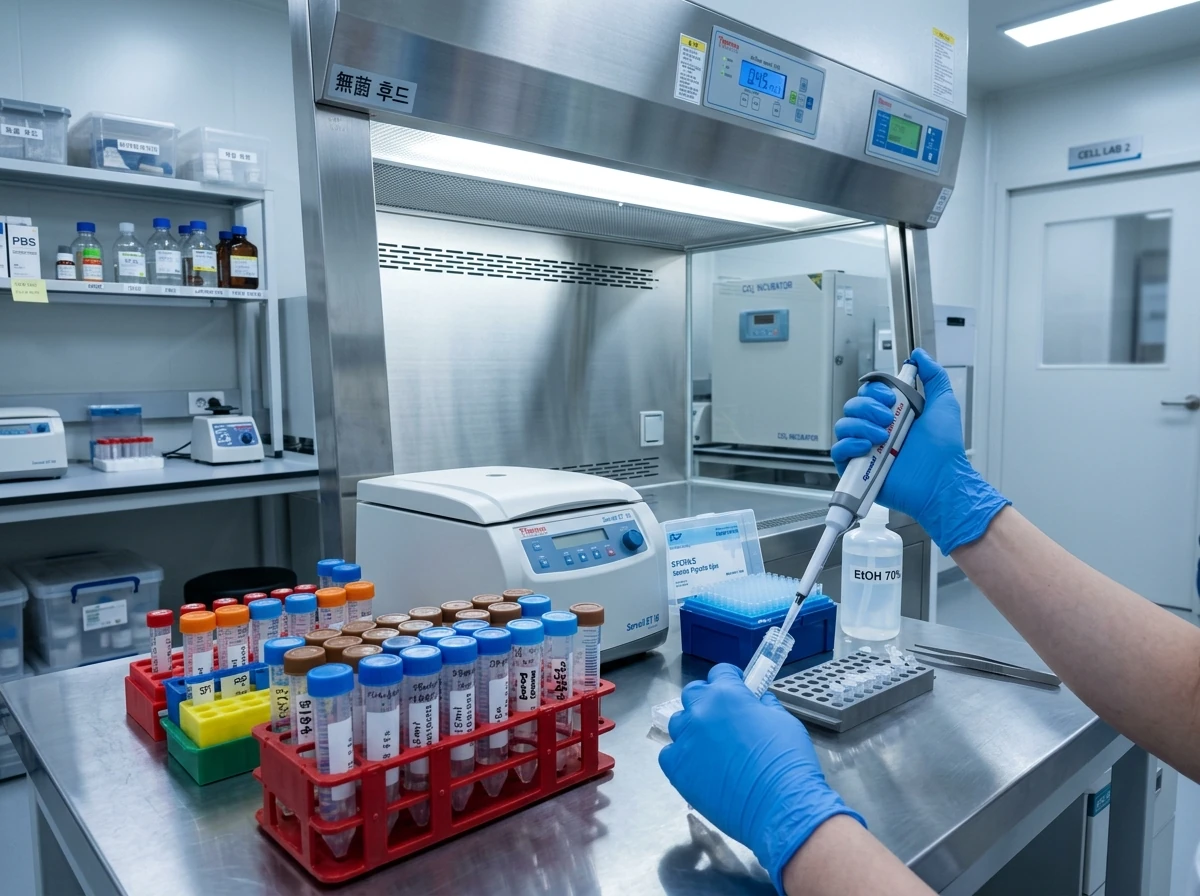 Cell processing laboratory with a centrifuge, tube rack and sterile hood