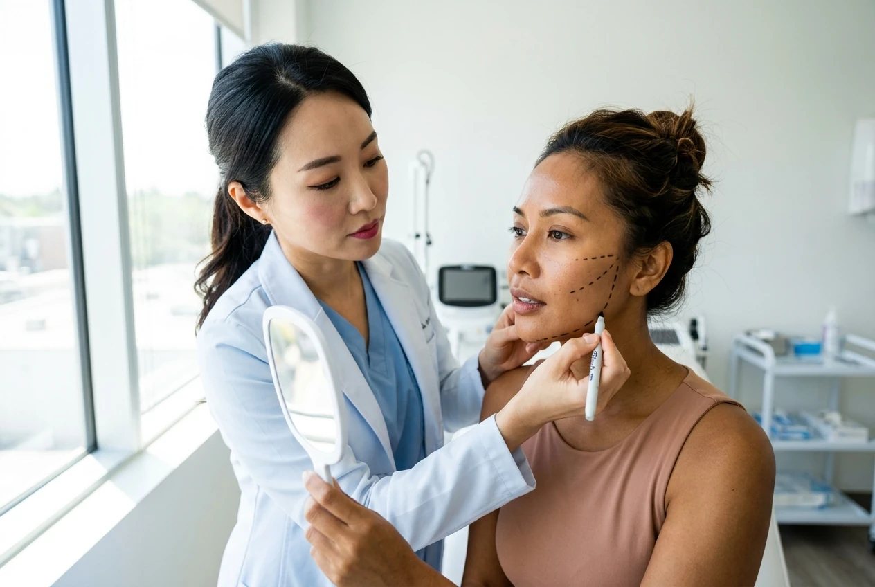 Doctor marking lift vectors on a patient's cheek and jawline before facial surgery