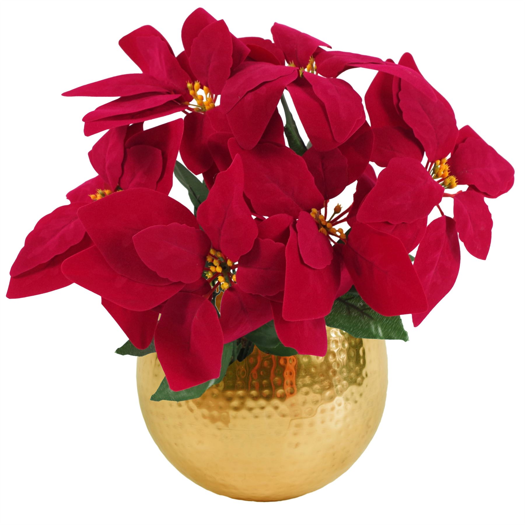 Artificial Christmas Xmas Red Poinsettia 40cm Gold Curved Metal Planter
