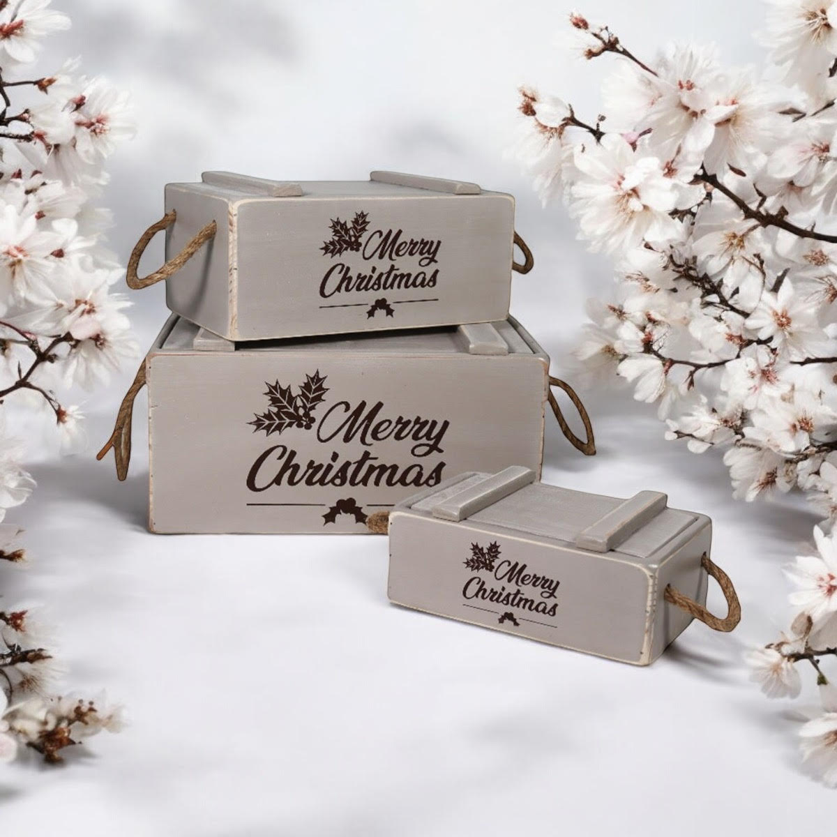 AcaciaHome Stylish and Vintage Wooden Merry Christmas Storage Crate Set – 3 Rustic Display