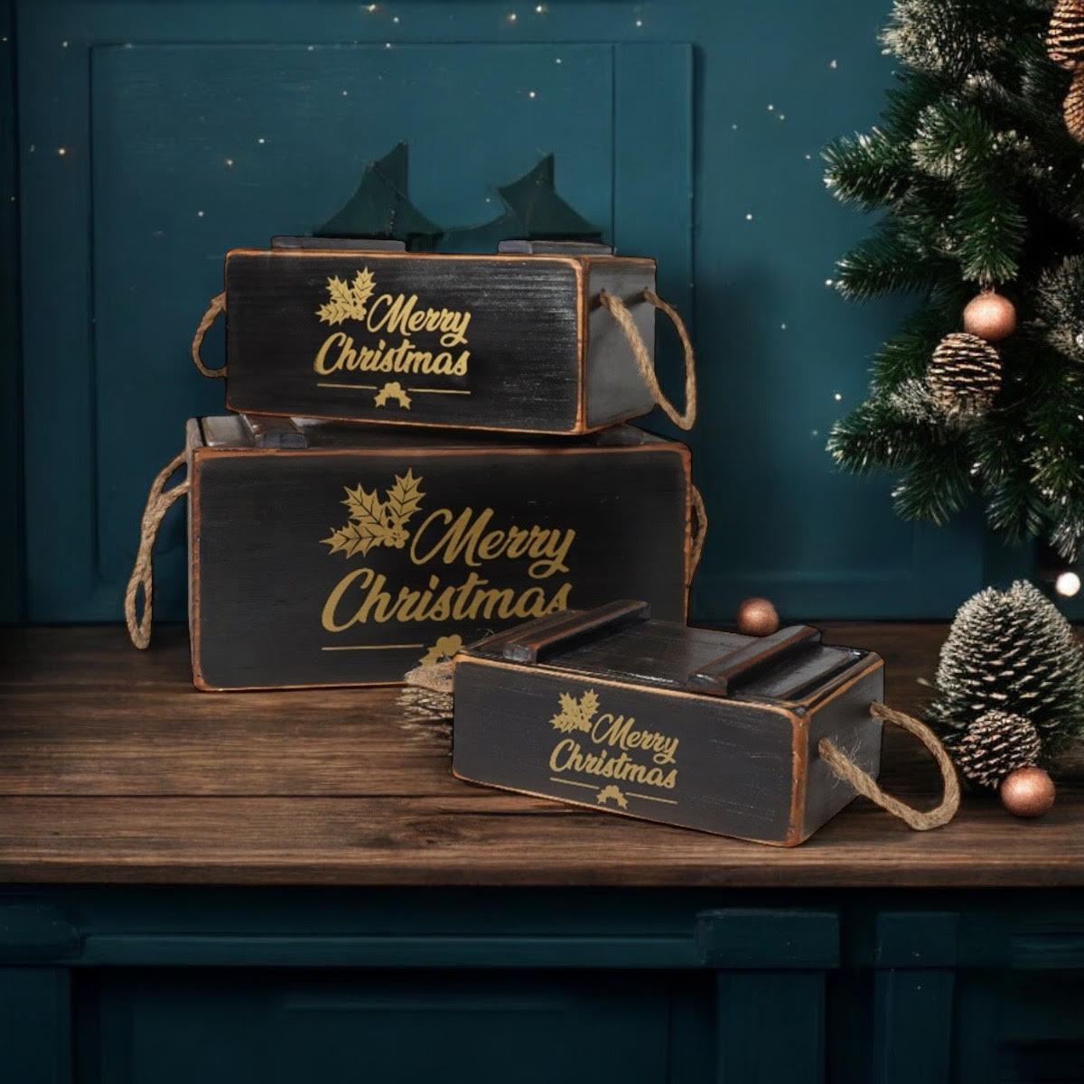 AcaciaHome Stylish and Vintage Wooden Merry Christmas Storage Crate Set – 3 Rustic Display