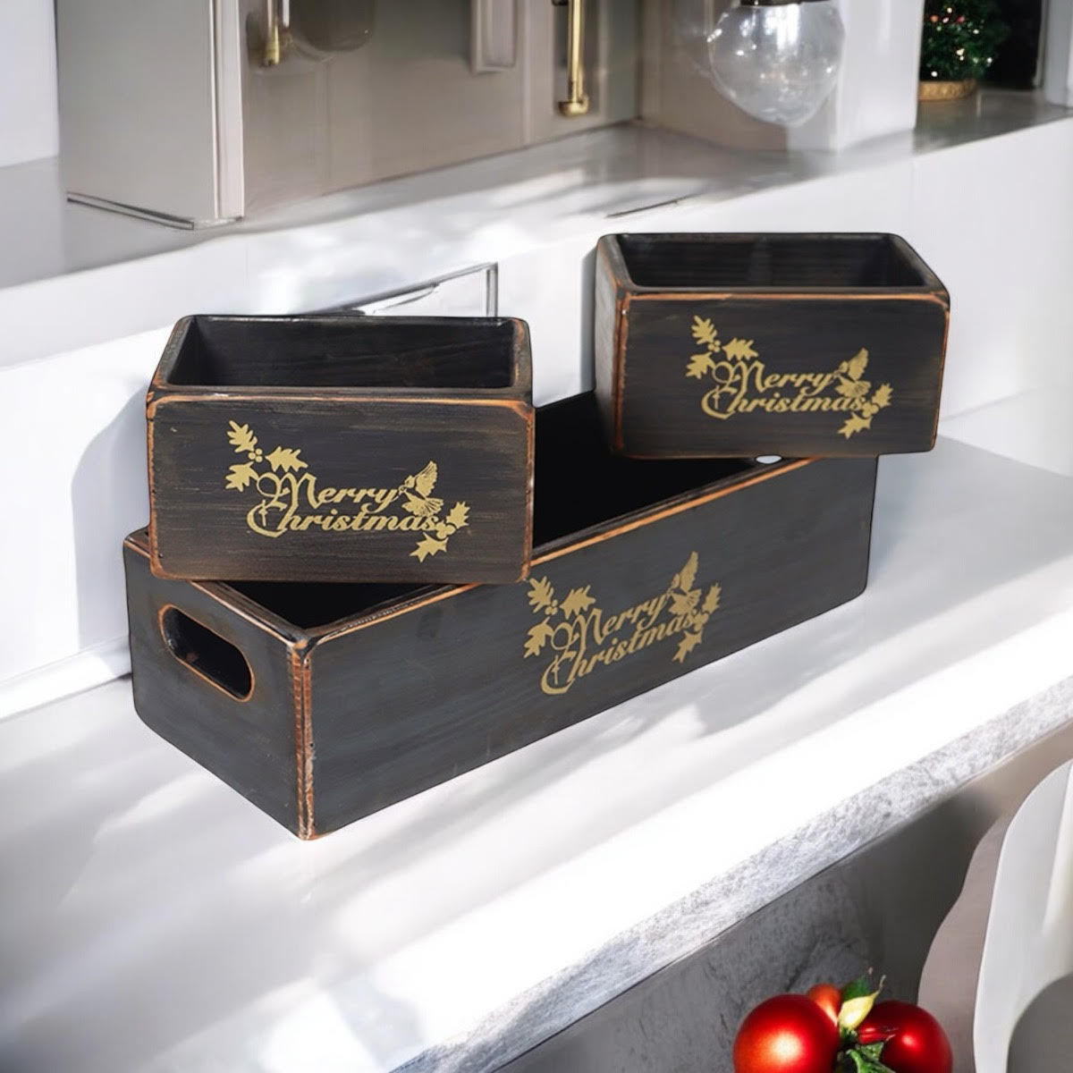 AcaciaHome Stylish and Vintage Wooden Merry Christmas Storage Crate Set – 3 Rustic Display