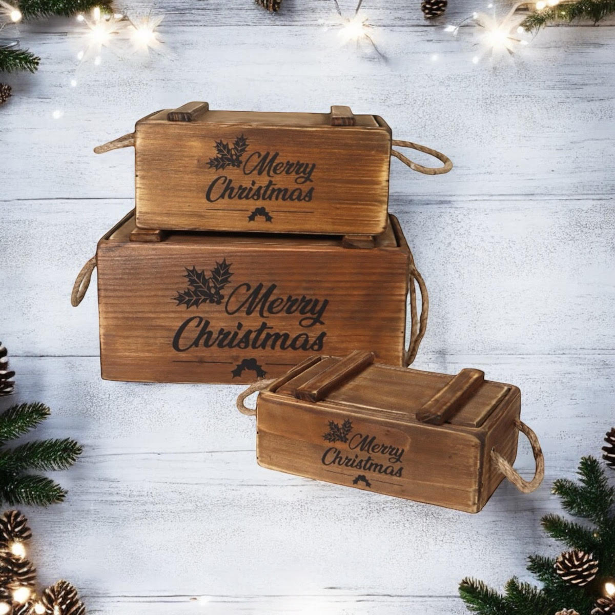 AcaciaHome Stylish and Vintage Wooden Merry Christmas Storage Crate Set – 3 Rustic Display