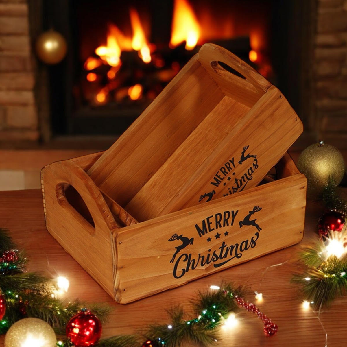 Durable & Stackable Vintage Brown Merry Xmas Storage Crate with Compartments Set of 2 – Stylish
