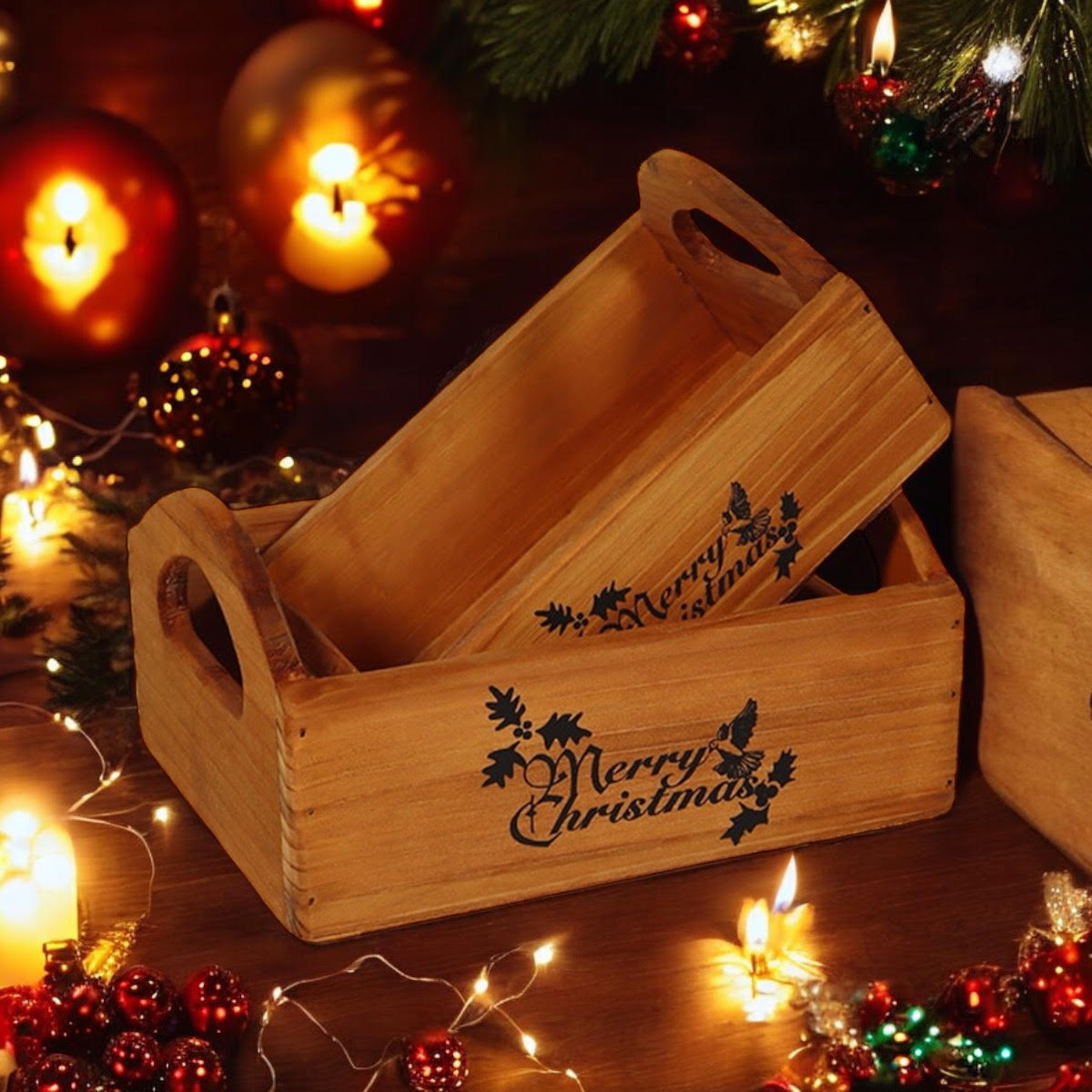 Durable & Stackable Vintage Brown Merry Xmas Storage Crate with Compartments Set of 2 – Stylish