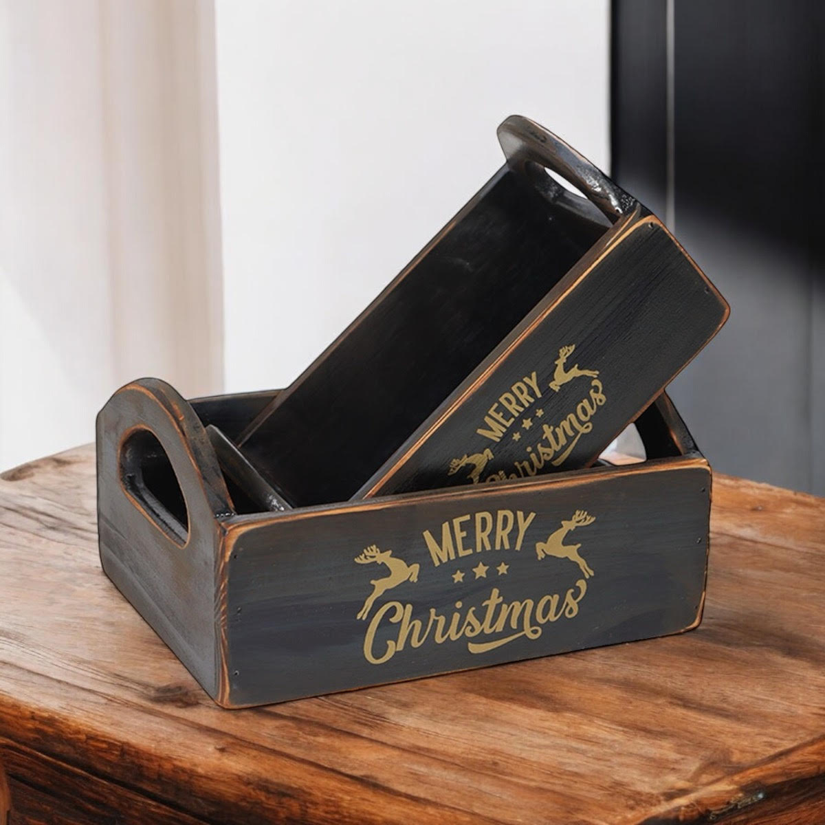 Durable & Stackable Vintage Black Merry Xmas Storage Crate with Compartments Set of 2 – Stylish