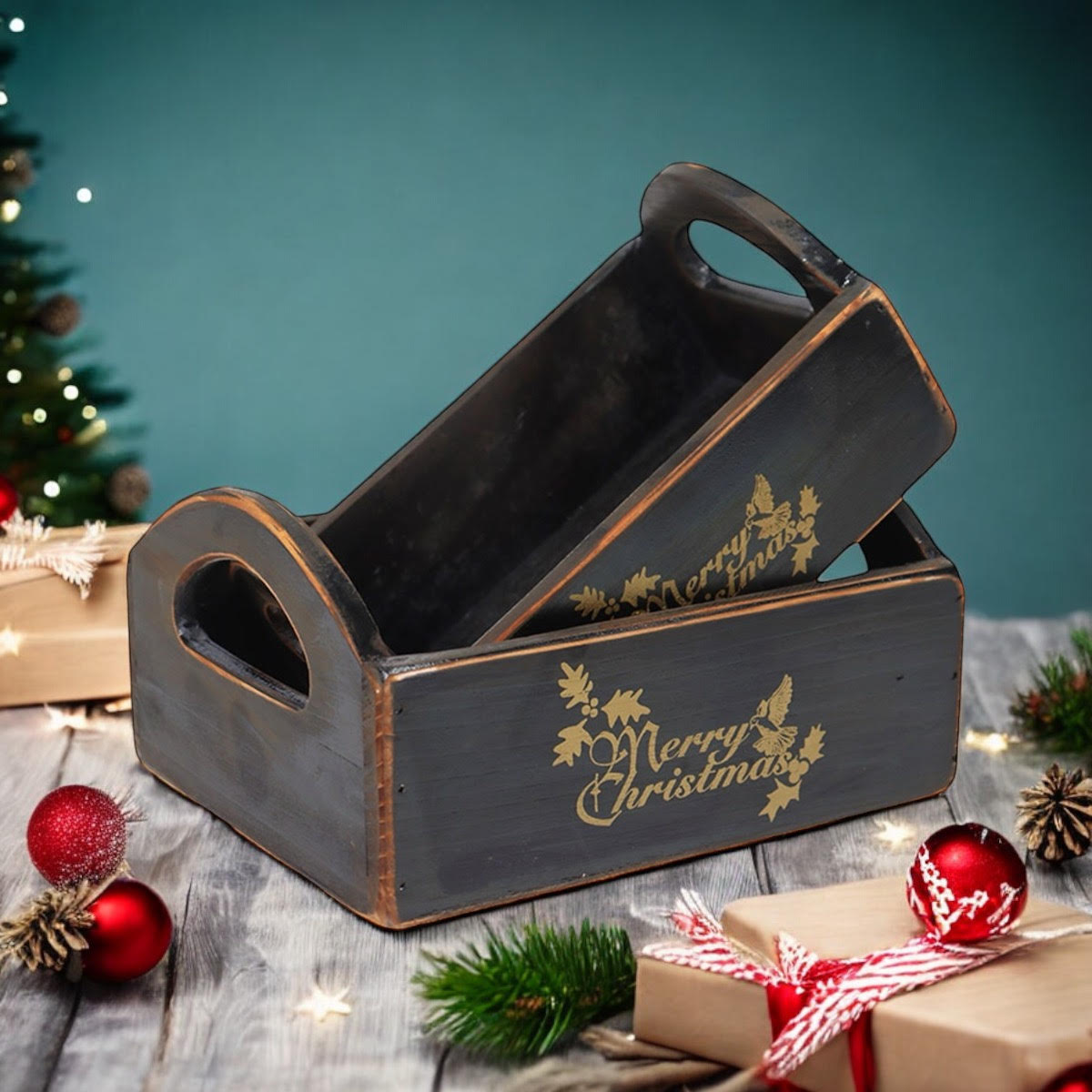 Durable & Stackable Vintage Black Merry Xmas Storage Crate with Compartments Set of 2 – Stylish