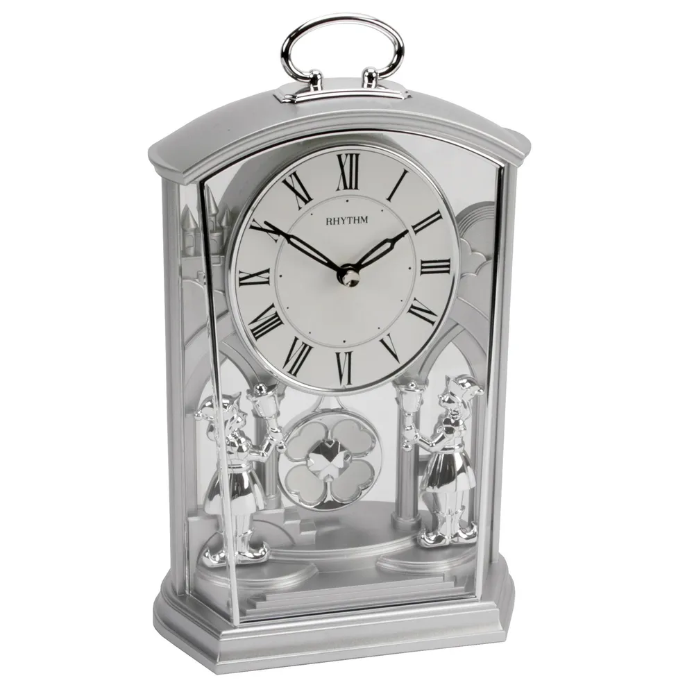 Rhythm Silver Swinging Pendulum and 2 Sweet Little Footmen with Handle Mantel Clock | Clockhaven product image 1