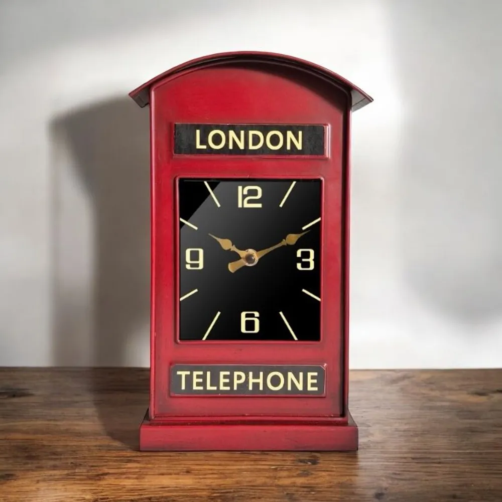 Stylish & Modern Red London Telephone Box Mantel Clock - Silent Sweep Tabletop Clock | Clockhaven product image 1