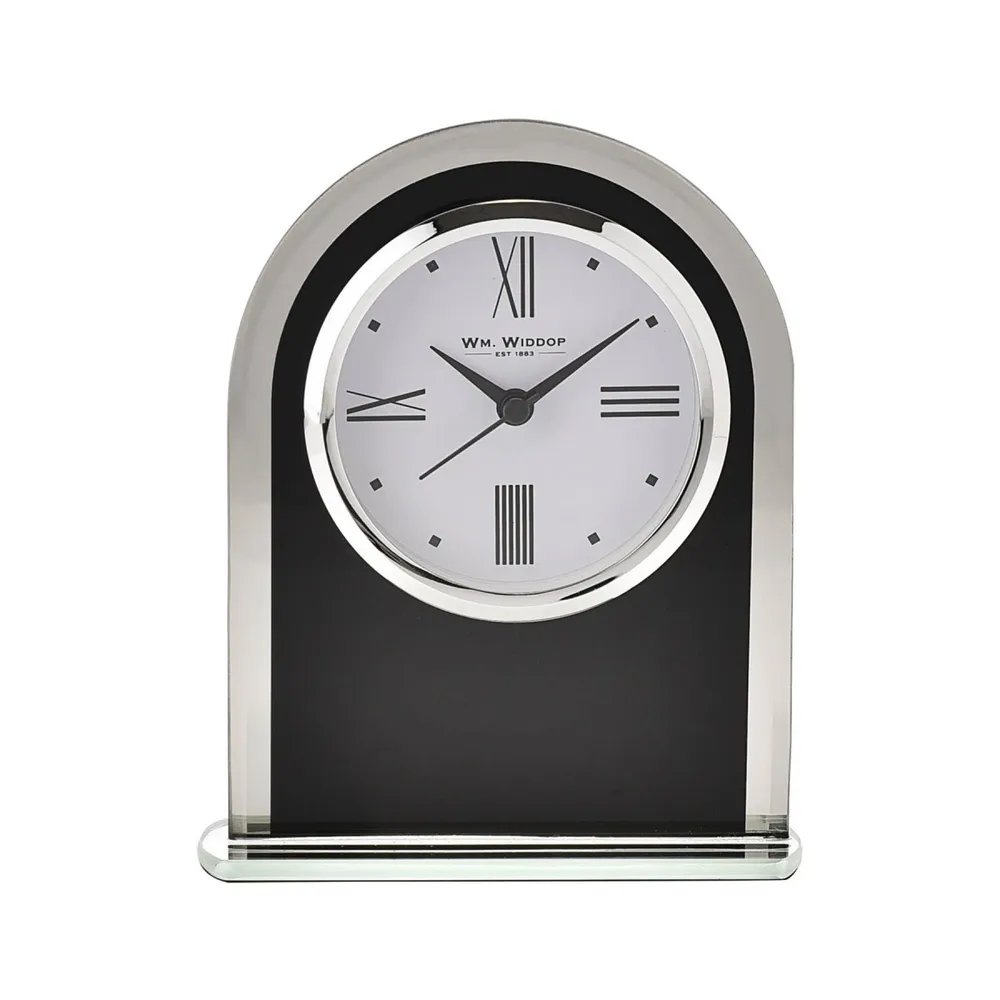 Wm.Widdop Black & Clear Arched Mantel Clock | Clockhaven product image 1