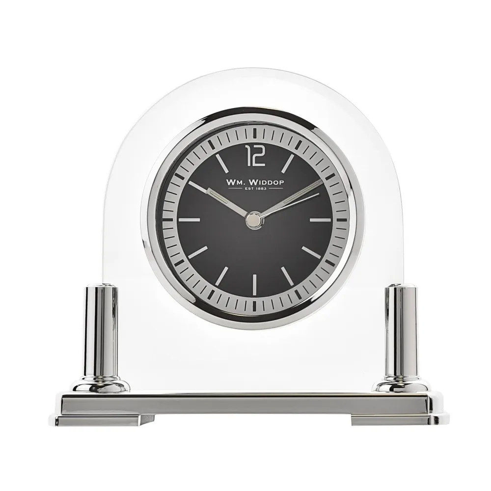 Wm.Widdop Glass Mantel Clock Silver Bezel & Stand | Clockhaven product image 1