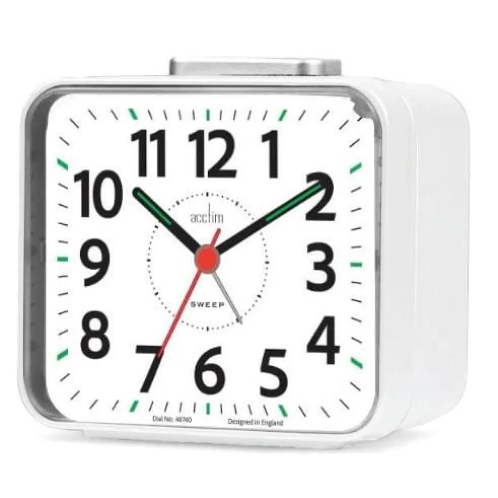 Acctim Parker Non-Ticking Sweep Loud Bell Alarm Clock in White | Clockhaven product image 1