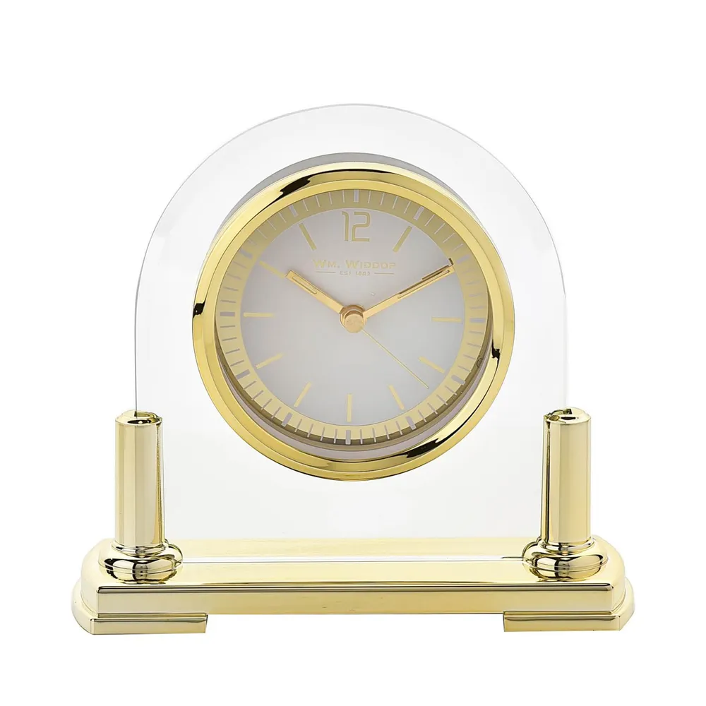 Wm.Widdop Glass Mantel Clock 2 Tone Dial Gold Stand | Clockhaven product image 1