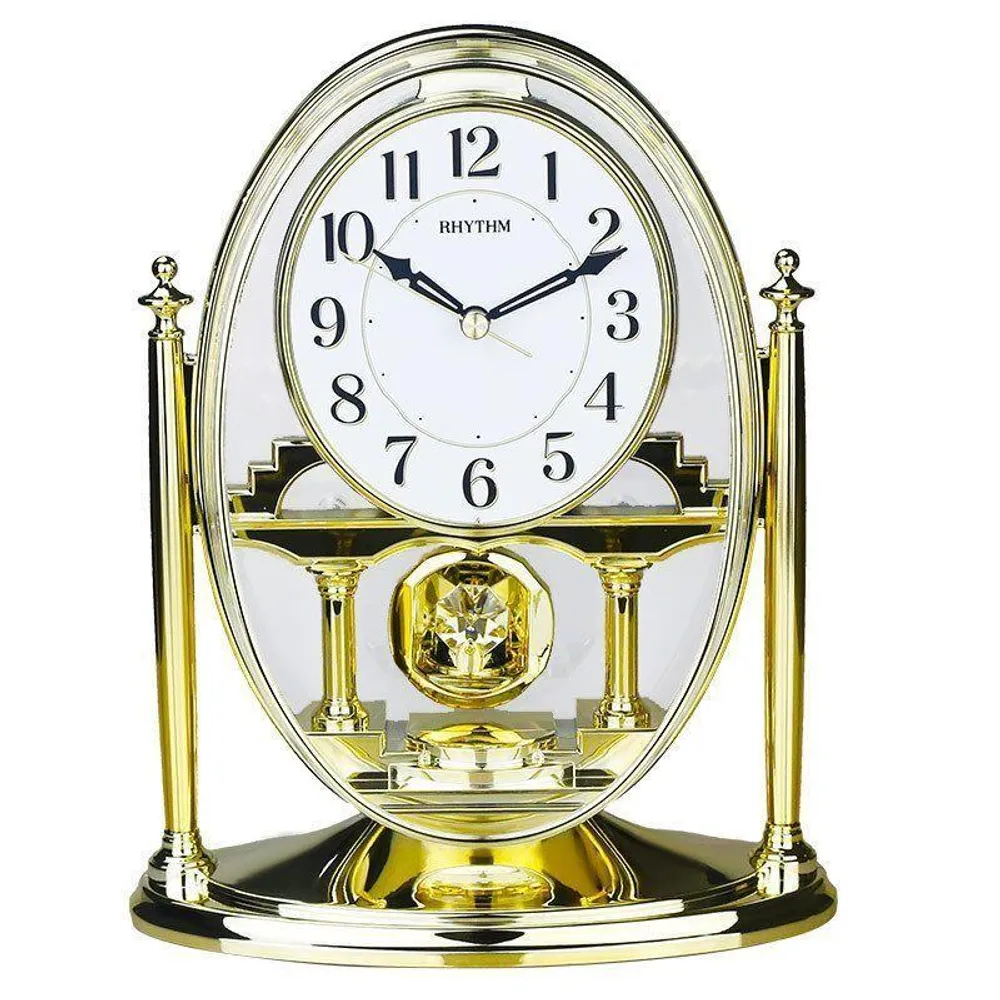Rhythm Mantel Clock with Pendulum & Acrylic Decoration Gold | Clockhaven product image 1
