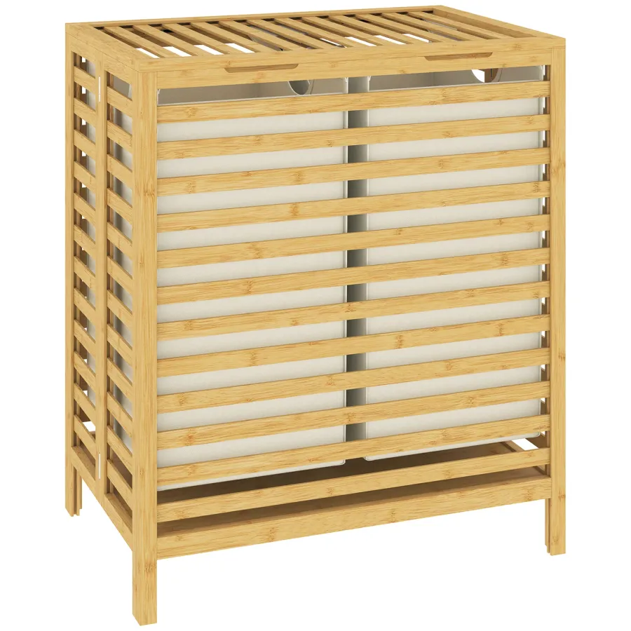 HOMCOM Bamboo Laundry Basket with Lid, 2 Baskets, Foldable, 64L, Natural and Cream White | LimeAway product image 1