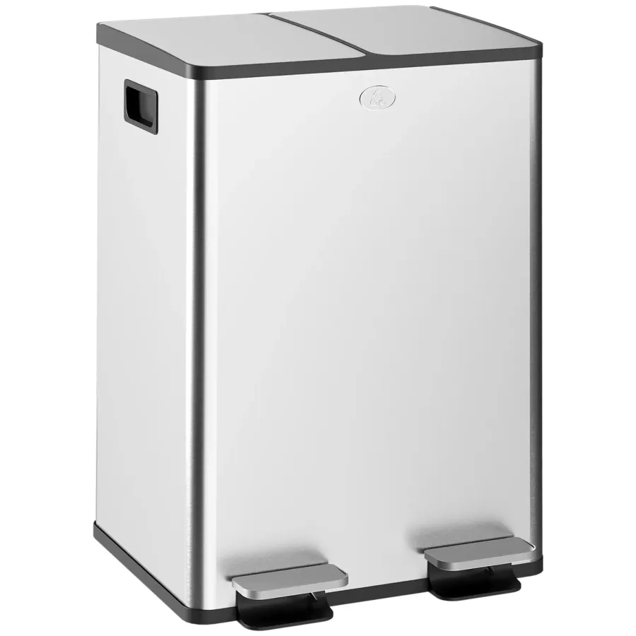 HOMCOM 56L Dual Compartment Stainless Steel Bin, with Deodoriser Holders - Silver Tone | LimeAway product image 1