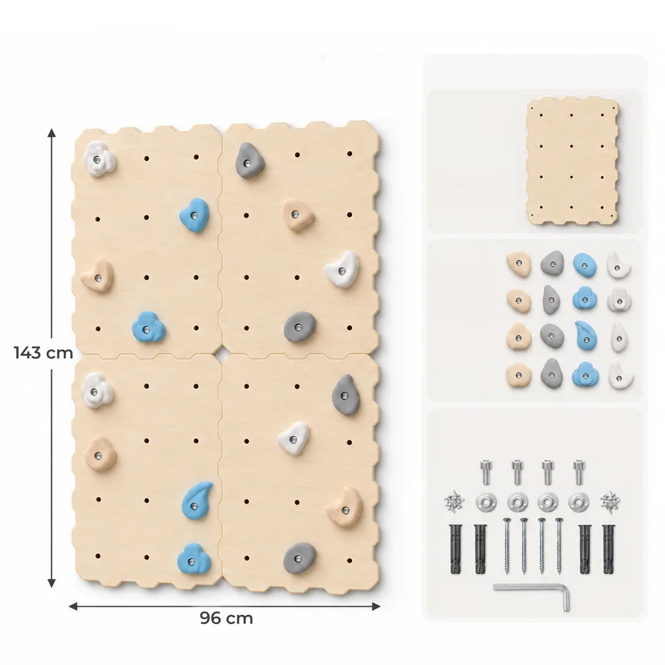 Dimensions of the climbing wall, 143 cm tall by 96 cm wide, with the panels, holds and fixings that come in the set