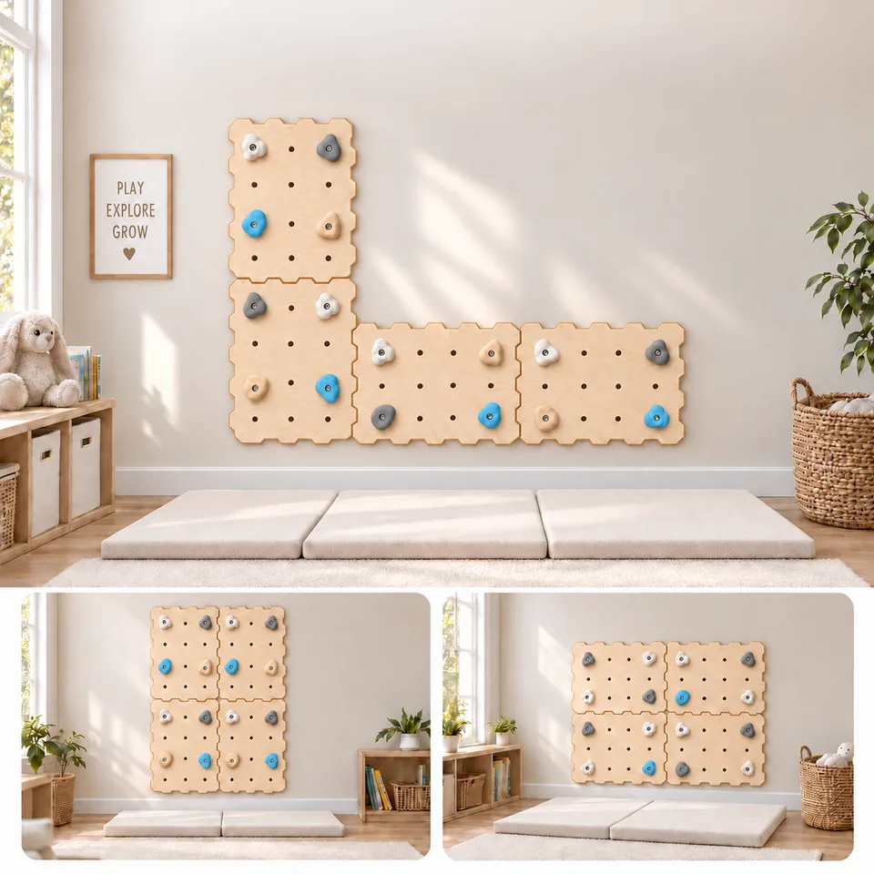 Climbing wall panels arranged in different layouts on a playroom wall above a soft play mat