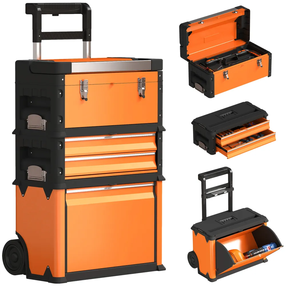HOMCOM 3-Tier Tool Box with Wheels, Stackable Steel Toolbox | Torqkit product image 1