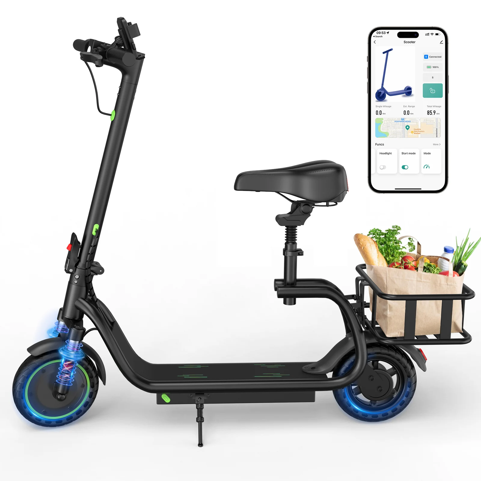 AOVOPRO H2 350W Electric Scooter 8.5 inch Wheel With Seat & Basket 15 Miles