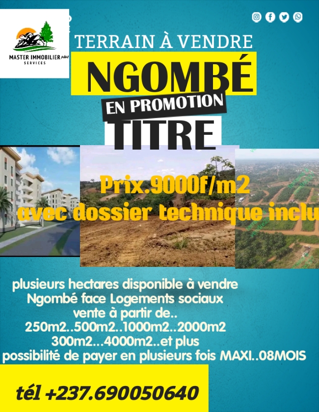 Land for sale at Douala, Lendi, Ngombé face au logement sociaux avec dossier technique inclus avec possibilité de payer en plusieurs fois maxi 08mois - 2000 m2 - 18 000 000 FCFA