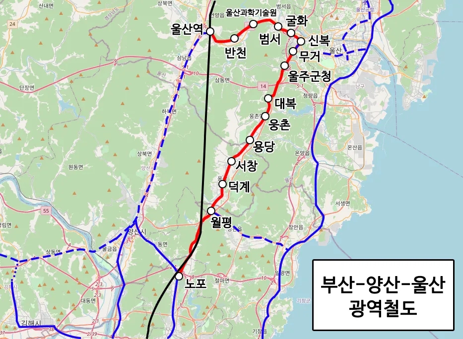 부산~양산~울산 광역철도 노선도