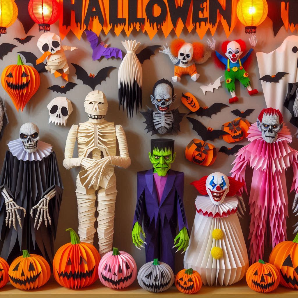 Paper-style Halloween scene with a mummy, skeletons, green-faced monster, clowns and orange pumpkins beneath a festive banner.