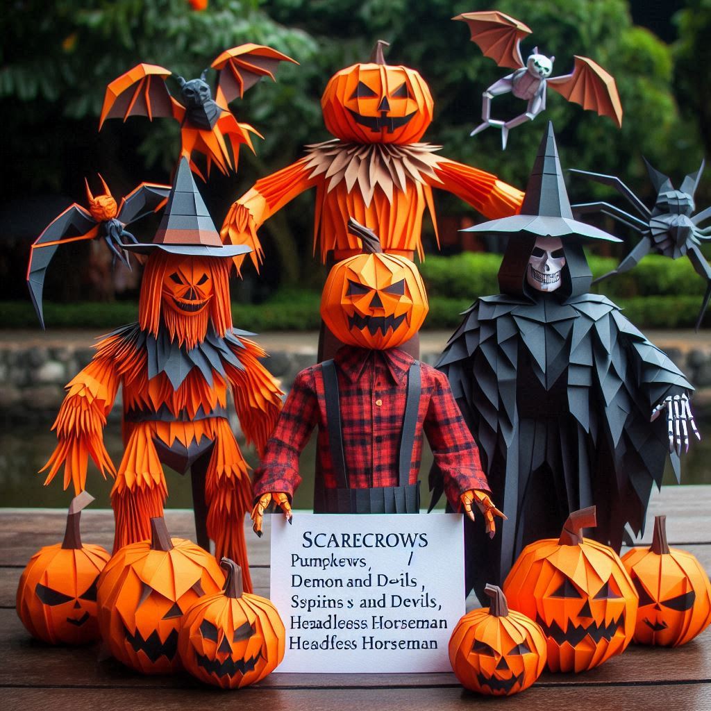 Paper-style Halloween scene with several pumpkin-headed scarecrow figures, pointed-hat characters and orange pumpkins against a leafy background.