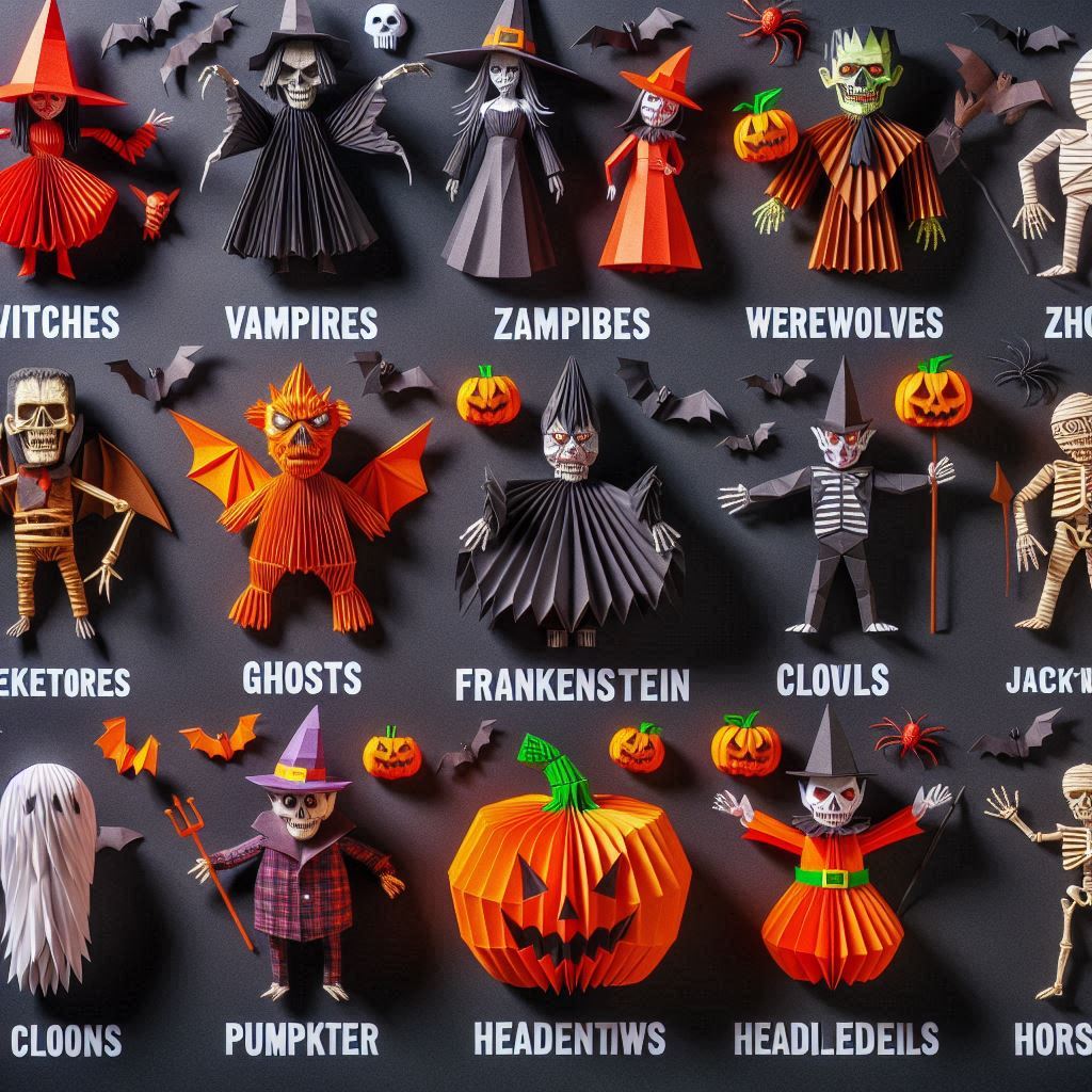 Grid of stylized paper Halloween characters with pointed hats, capes, pale faces, pumpkin forms, and orange and black clothing.