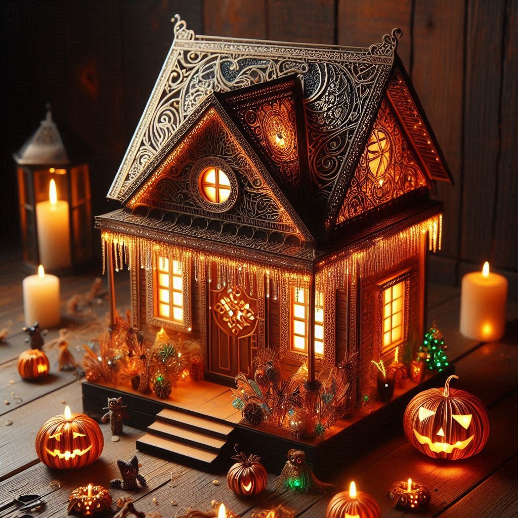Ornate peaked-roof miniature house with warm illuminated windows, intricate roof patterns, small pumpkins, and lantern-like lights around its base.