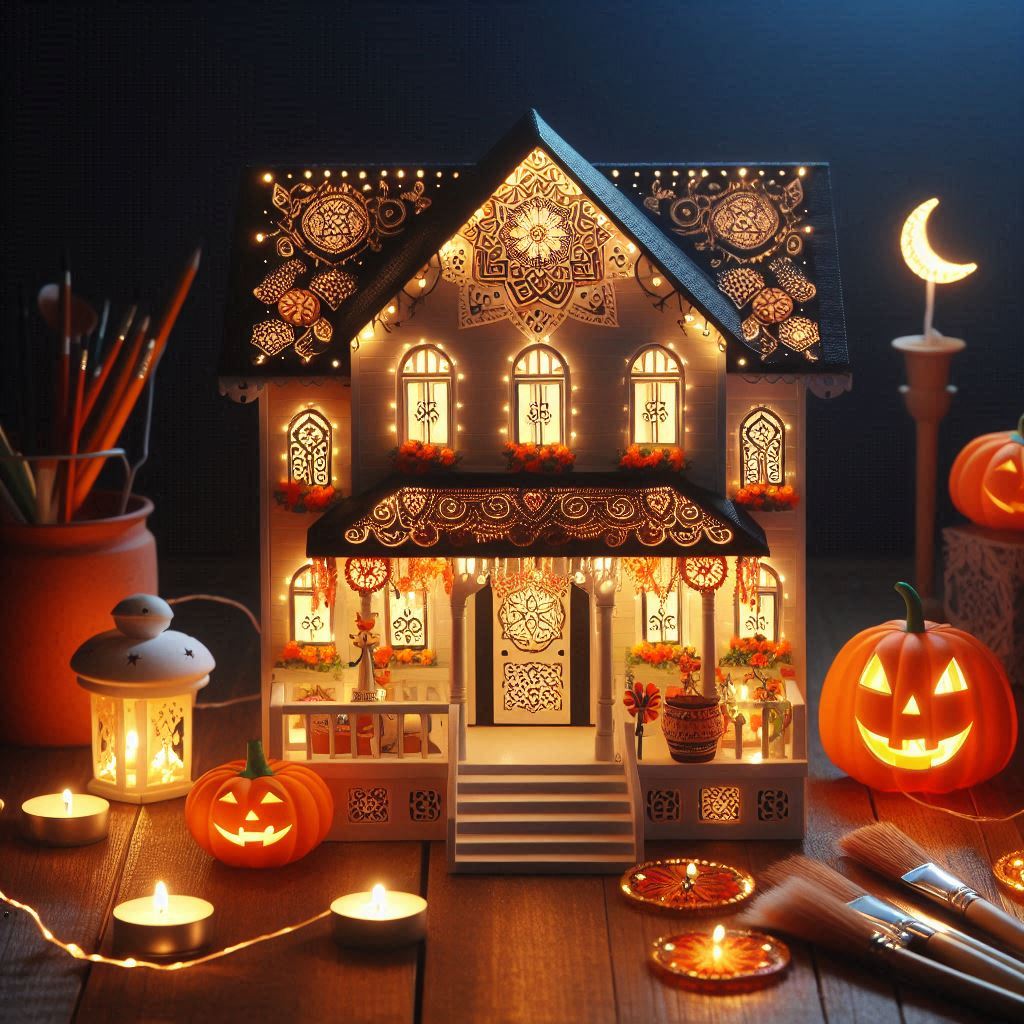 Ornate miniature house with glowing windows, patterned walls, small pumpkin accents, nearby art brushes, and lantern-like lights on a tabletop.