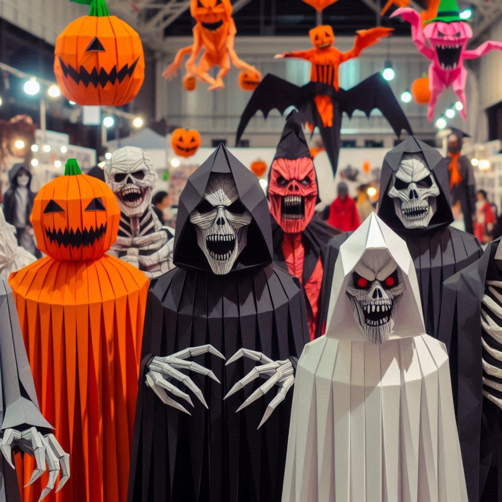 Tall paper-style Halloween characters with skull-like faces, a pale ghost, dark cloaks, orange pumpkin forms, and suspended decorations.