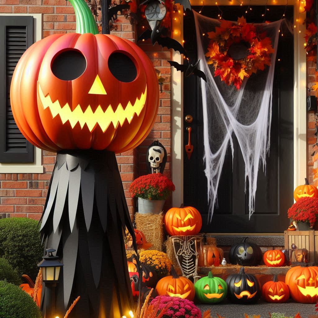 Large pumpkin-headed Halloween figure with a dark robe and pale hanging strips beside a porch decorated with pumpkins and cobweb-like accents.