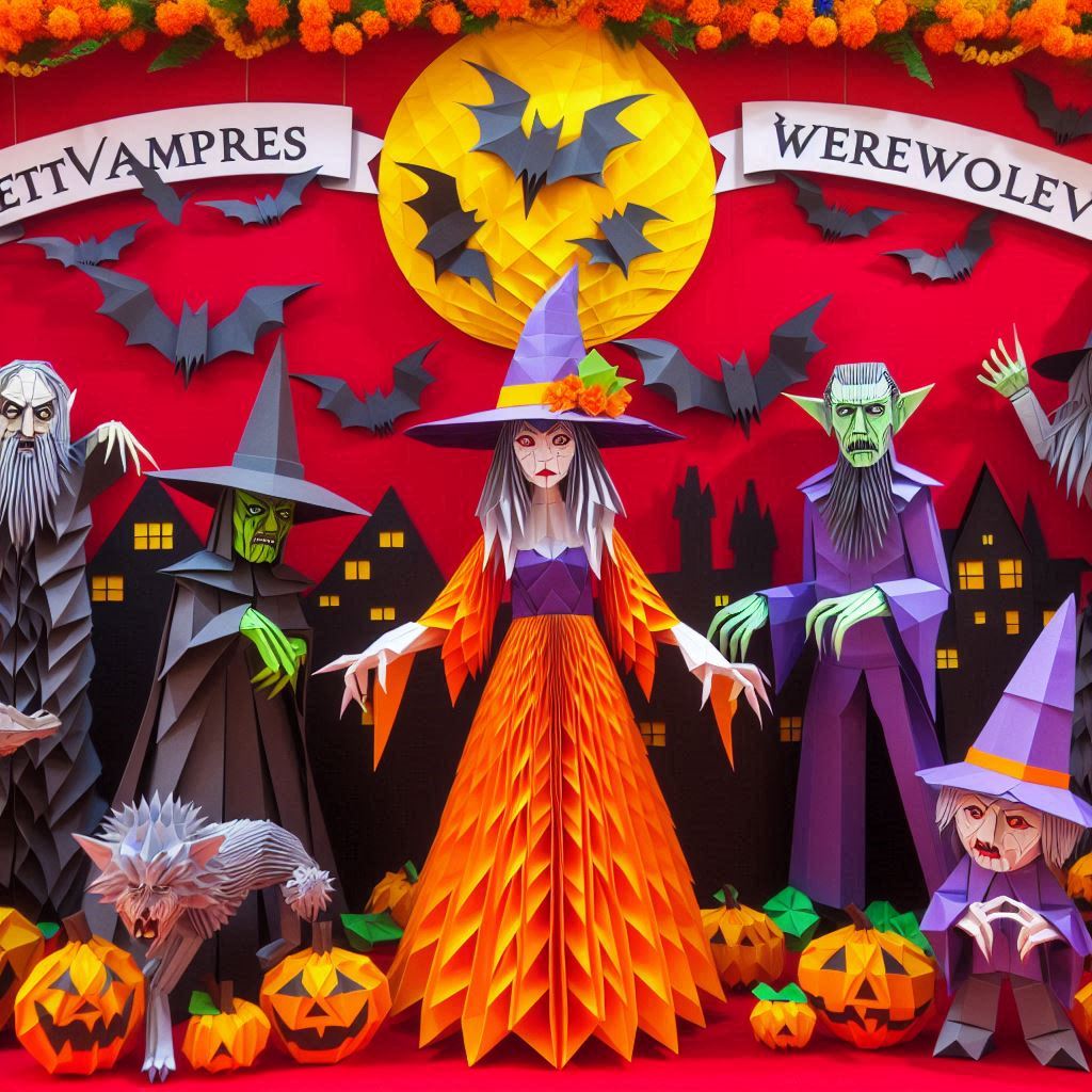 Paper-style Halloween scene centered on a tall orange-robed witch, with other pointed-hat figures, small houses, pumpkins, bats, and a yellow moon.