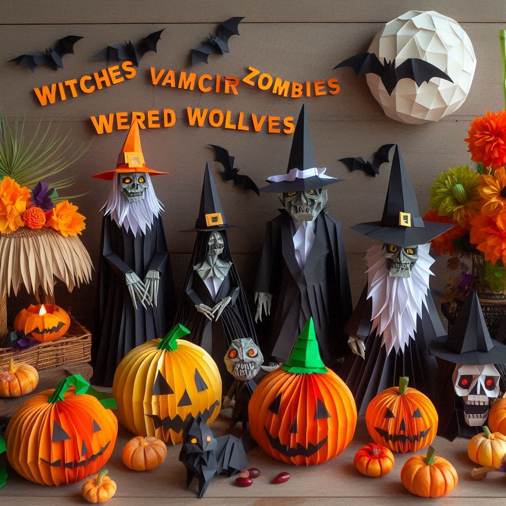 Paper-style Halloween gathering of dark-robed pointed-hat figures beneath a faceted pale moon, with pumpkins, bats, and orange leaves.