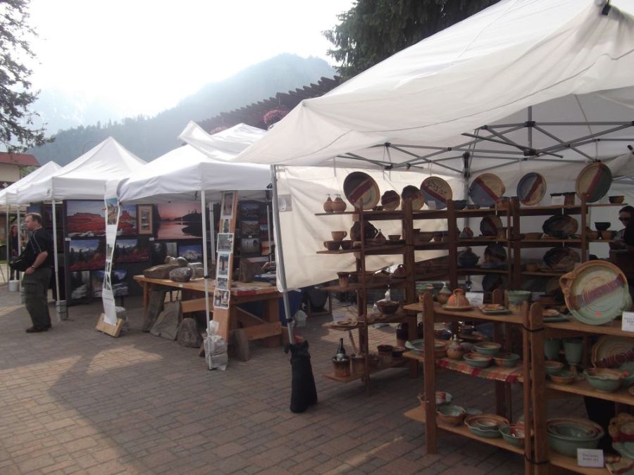 Outdoor beer garden with mountain views
