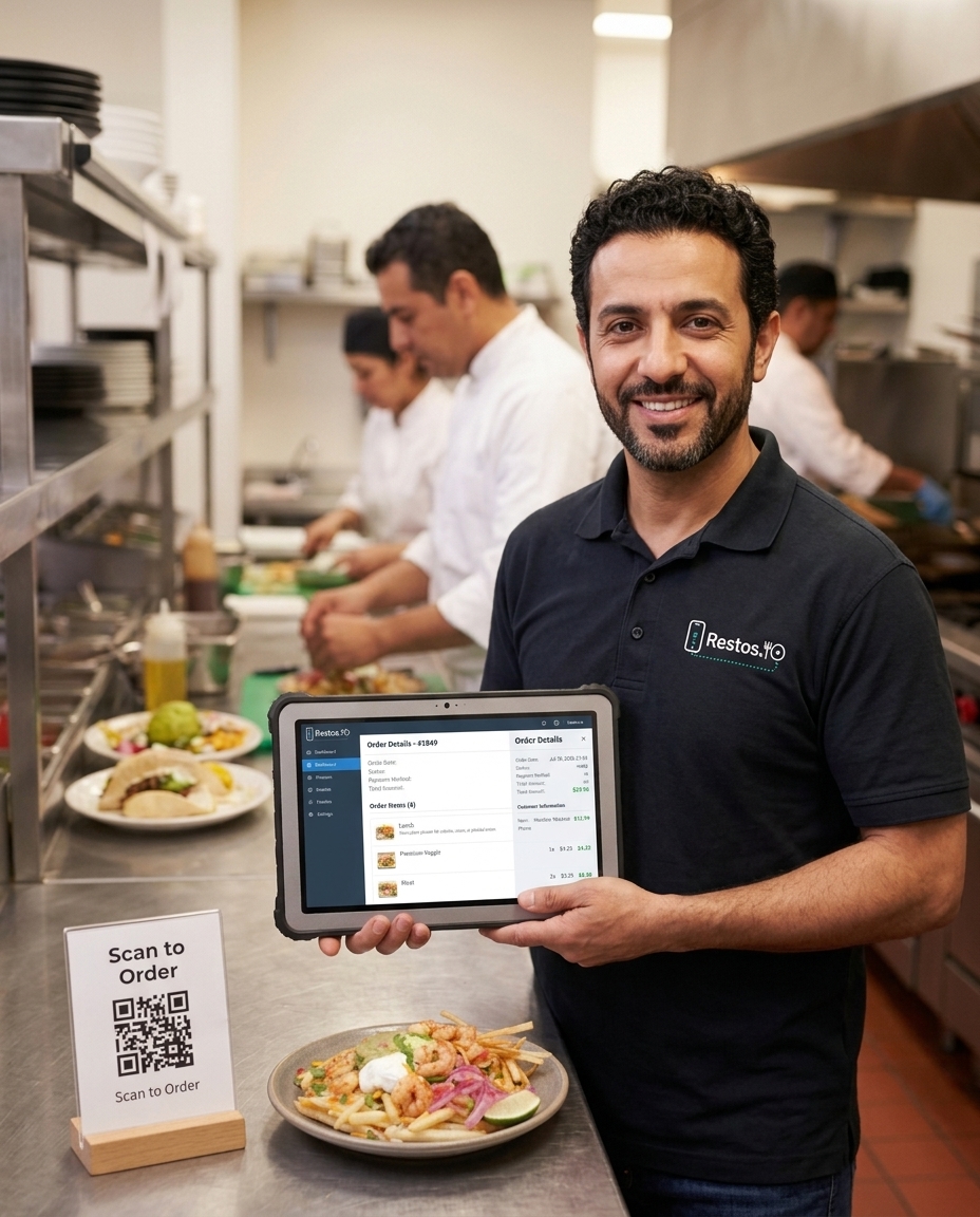 Personal del restaurante tomando un pedido por teléfono con Restos.io
